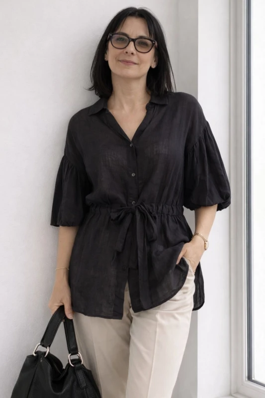 Bluzka damska czarna len+wiskoza Italy wiązana elegancka Uni