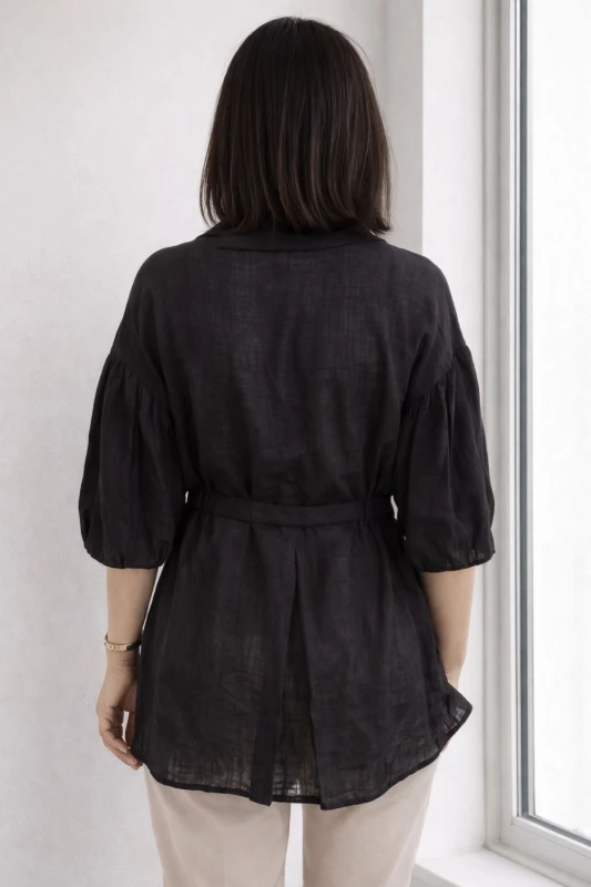 Bluzka damska czarna len+wiskoza Italy wiązana elegancka Uni