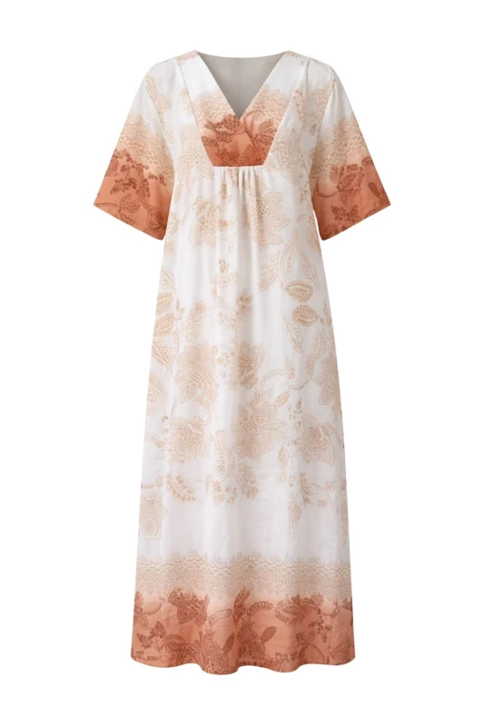 Sukienka damska beżowa boho V-neck lekka wiskoza len Włoska