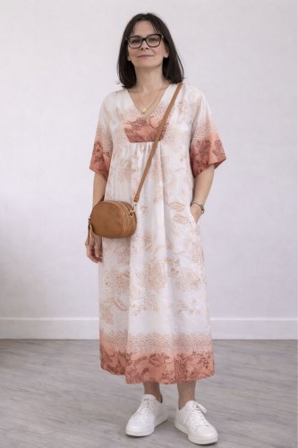 Sukienka damska beżowa boho V-neck lekka wiskoza len Włoska
