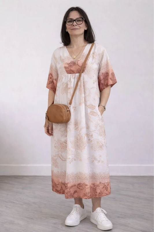 Sukienka damska beżowa boho V-neck lekka wiskoza len Włoska