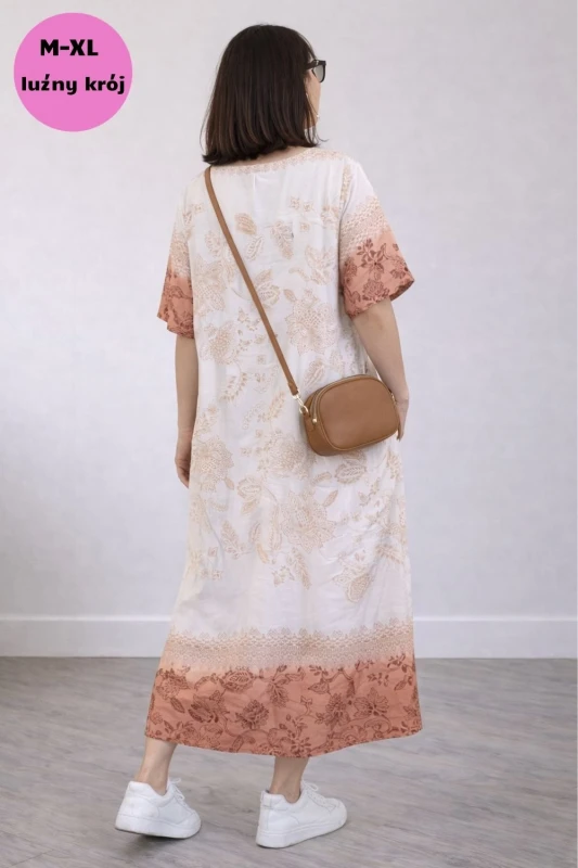 Sukienka damska beżowa boho V-neck lekka wiskoza len Włoska