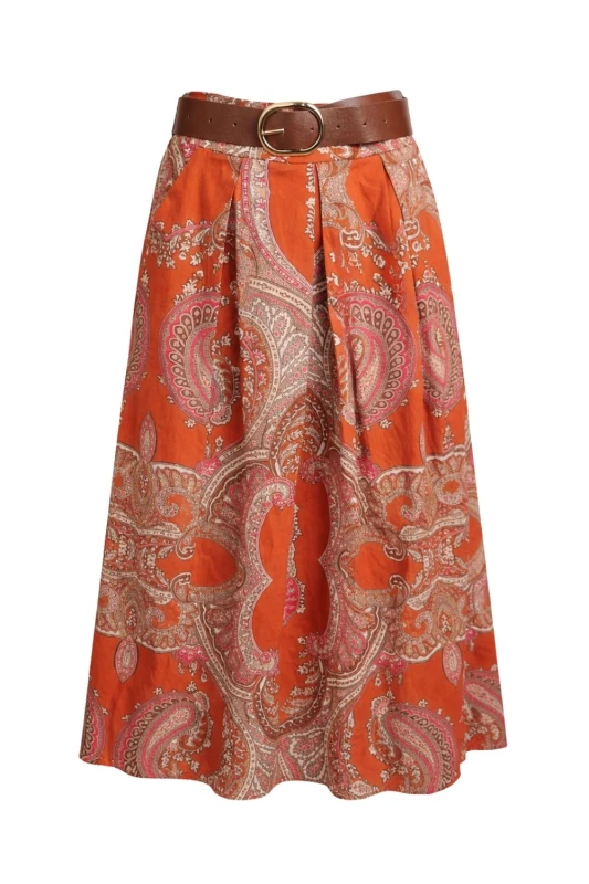 Spódnica damska midi boho paisley ruda z paskiem rozkloszowana Uni