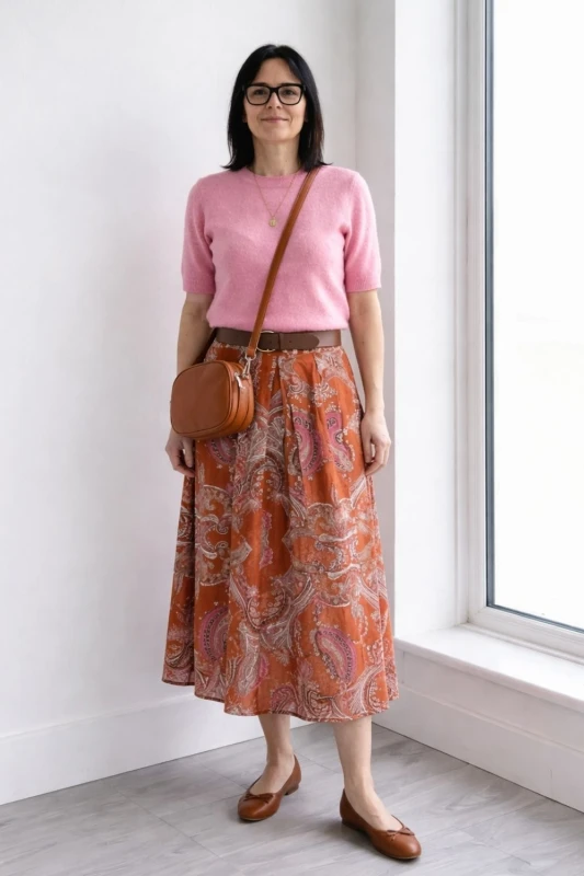 Spódnica damska midi boho paisley ruda z paskiem rozkloszowana Uni