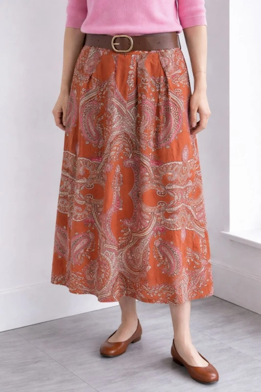 Spódnica damska midi boho paisley ruda z paskiem rozkloszowana Uni