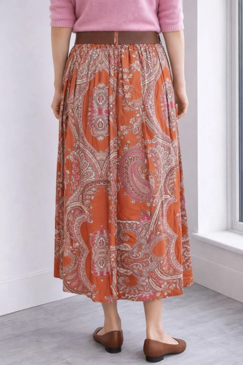 Spódnica damska midi boho paisley ruda z paskiem rozkloszowana Uni