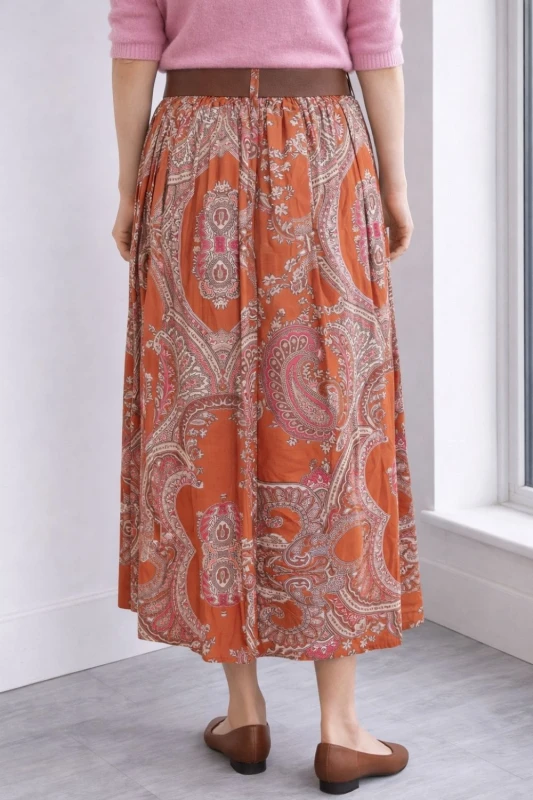 Spódnica damska midi boho paisley ruda z paskiem rozkloszowana Uni