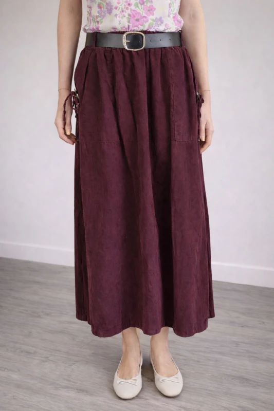 Spódnica damska purpurowa sztruksowa kieszenie pasek Italy One Size