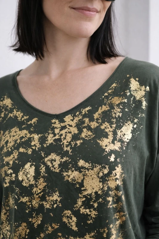Bluzka damska khaki złoty nadruk luźna elegancka Włoska Uni