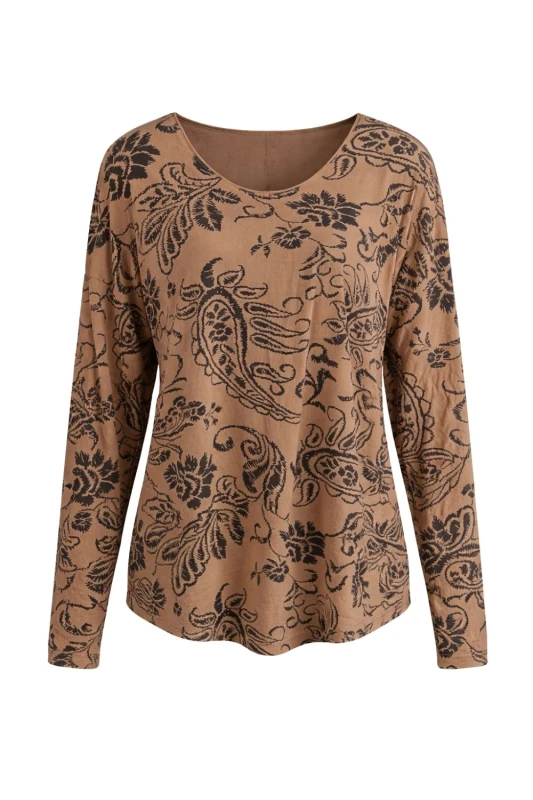 Bluzka damska beżowa w czarny wzór paisley Made in Italy bawełna Uni