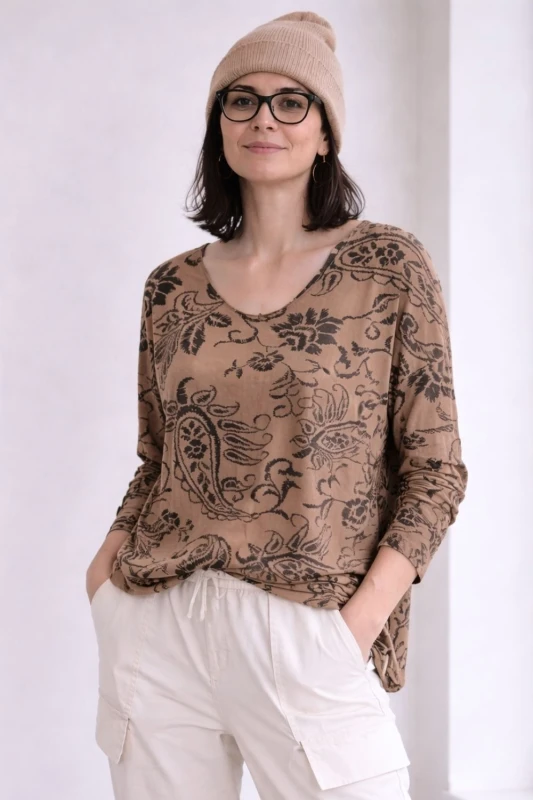 Bluzka damska beżowa w czarny wzór paisley Made in Italy bawełna Uni