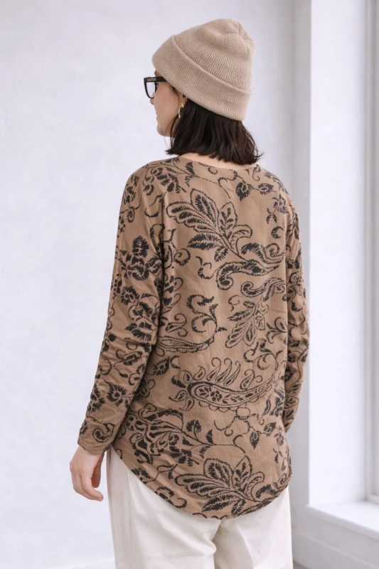 Bluzka damska beżowa w czarny wzór paisley Made in Italy bawełna Uni