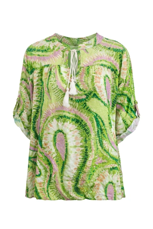 Bluzka damska zielona boho 100% wiskoza Made in Italy luźna wzór oversize