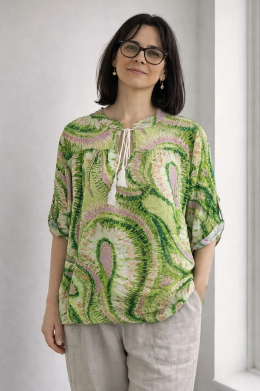 Bluzka damska zielona boho 100% wiskoza Made in Italy luźna wzór oversize