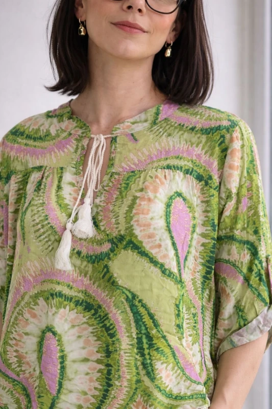 Bluzka damska zielona boho 100% wiskoza Made in Italy luźna wzór oversize