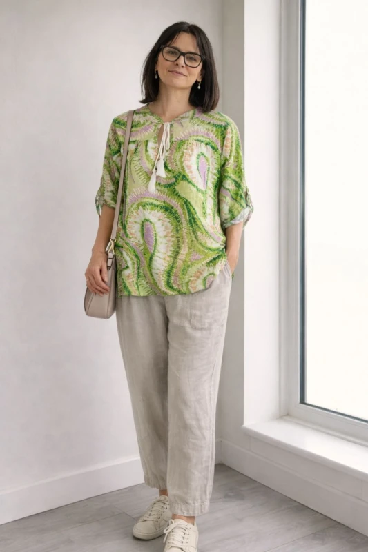 Bluzka damska zielona boho 100% wiskoza Made in Italy luźna wzór oversize