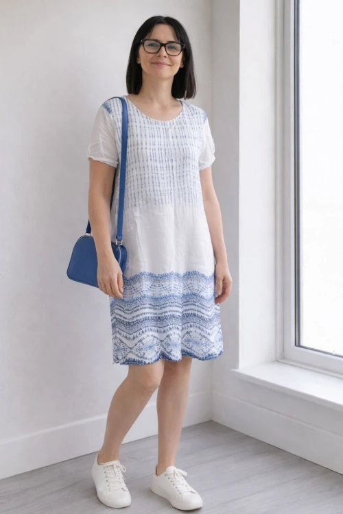 Sukienka damska biała niebieska wzory boho Made in Italy luźna letnia