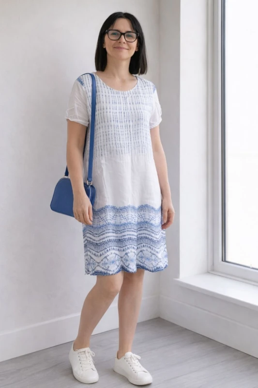 Sukienka damska biała niebieska wzory boho Made in Italy luźna letnia