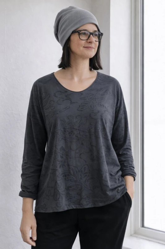 Bluzka damska grafitowa w czarny wzór paisley Made in Italy bawełna Uni