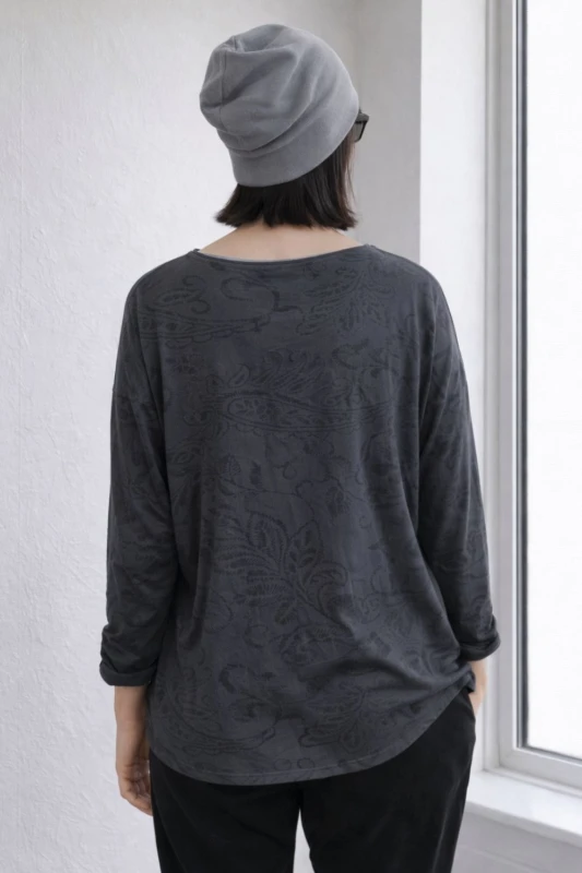 Bluzka damska grafitowa w czarny wzór paisley Made in Italy bawełna Uni