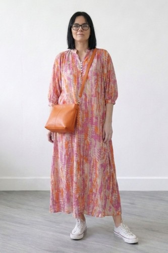 Sukienka damska maxi boho oversize różowo-pomarańczowa-beżowa bawełna Made in Italy