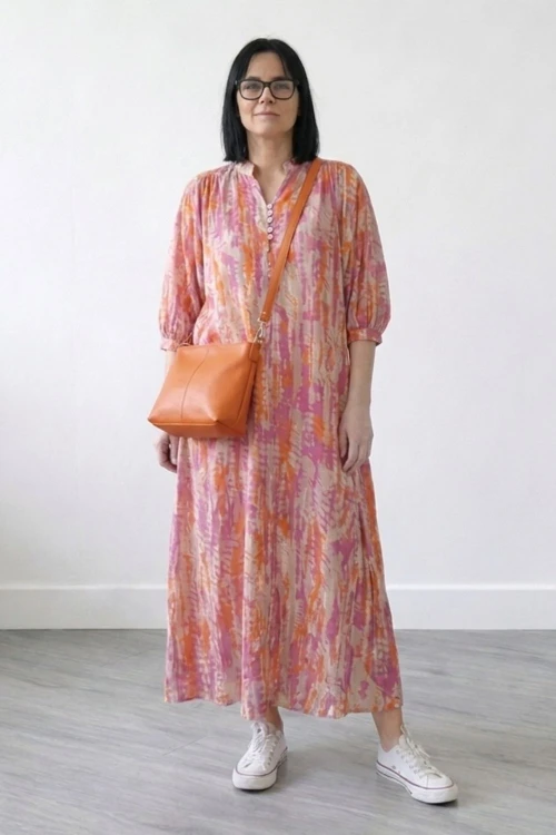 Sukienka damska maxi boho oversize różowo-pomarańczowa-beżowa bawełna Made in Italy