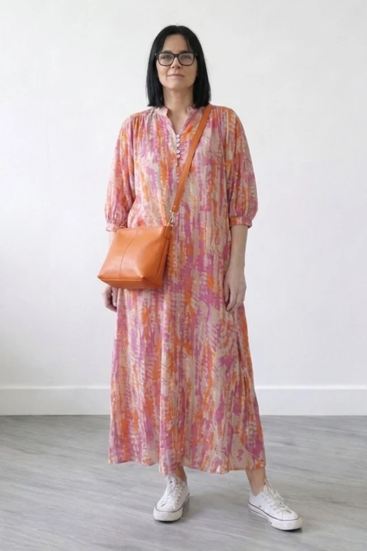 Sukienka damska maxi boho oversize różowo-pomarańczowa-beżowa bawełna Made in Italy