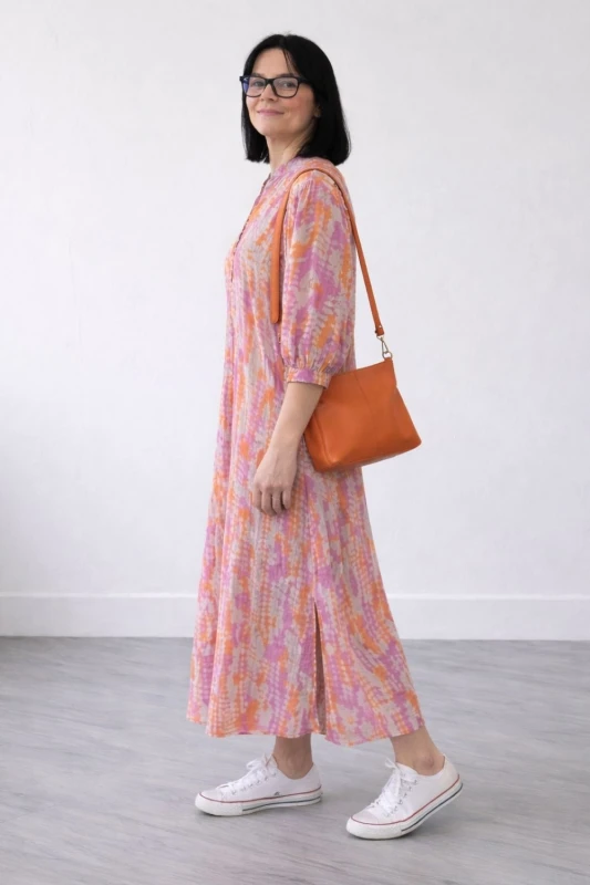 Sukienka damska maxi boho oversize różowo-pomarańczowa-beżowa bawełna Made in Italy