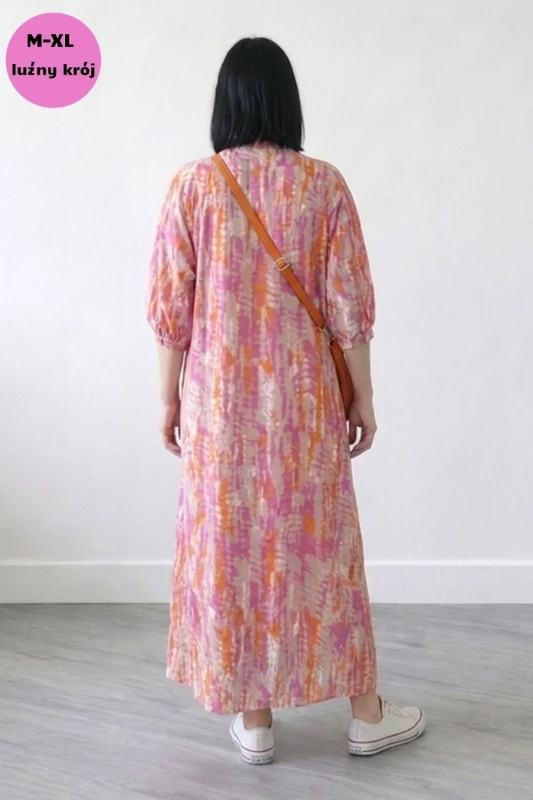 Sukienka damska maxi boho oversize różowo-pomarańczowa-beżowa bawełna Made in Italy