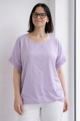 Bluzka damska fiolet casual oversize z delikatnym zwężeniem na dole letnia Italy