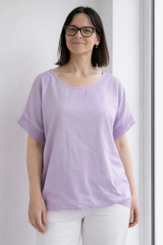 Bluzka damska fiolet casual oversize z delikatnym zwężeniem na dole letnia Italy
