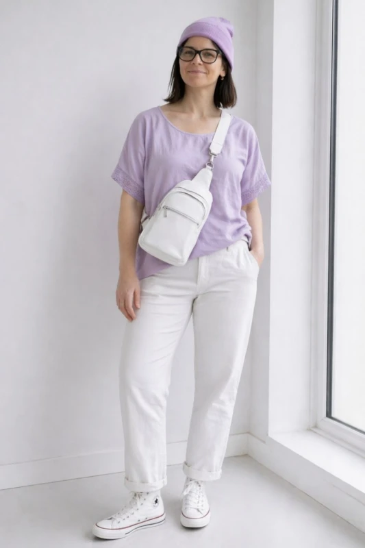 Bluzka damska fiolet casual oversize z delikatnym zwężeniem na dole letnia Italy