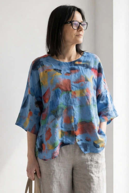 Bluzka damska len + bawełna Made in Italy oversize kolorowa lekka