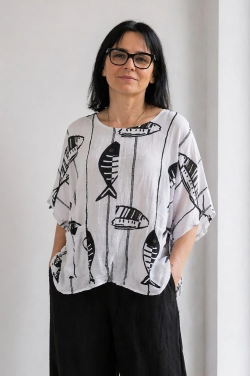 Bluzka damska biała przewiewna len bawełna włoska luźna oversize Uni
