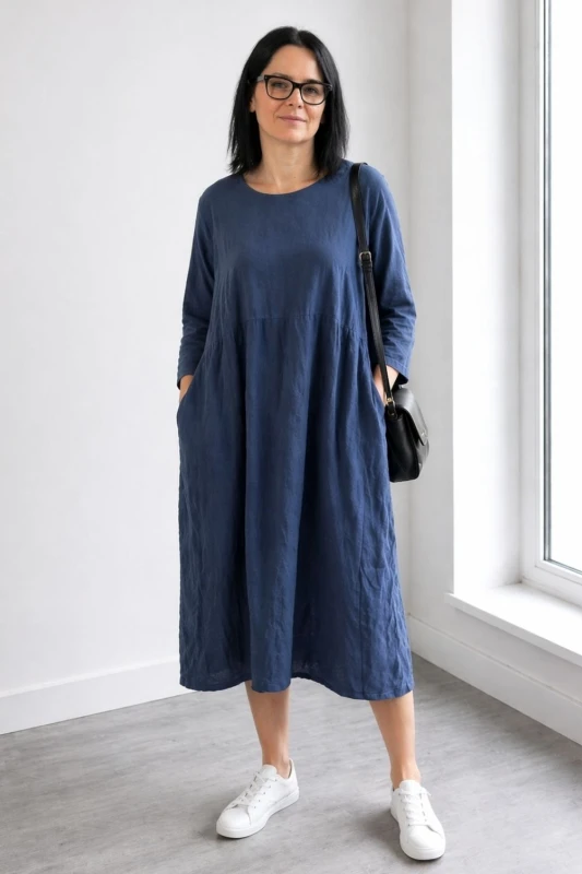 Sukienka damska niebieska luźna sztruksowa midi oversize casual Italy