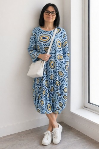 Sukienka damska luźna oversize niebieska wzory kieszenie casual Uni