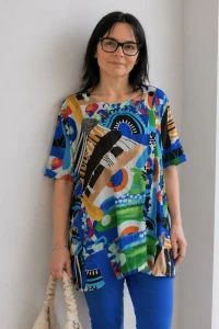 Bluzka damska kolorowa duży rozmiar 100% len wzór art Made in Italy luźna