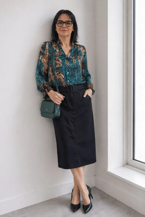 Spódnica damska czarna midi z paskiem elegancka klasyczna Italy