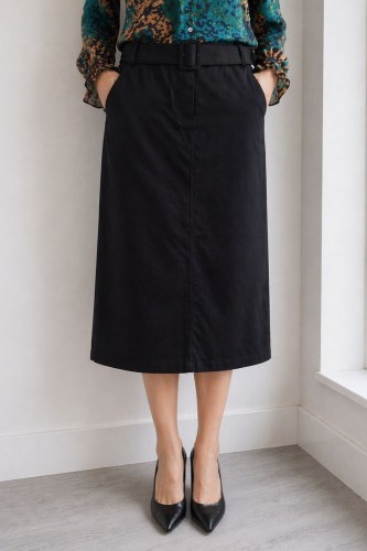 Spódnica damska czarna midi z paskiem elegancka klasyczna Italy