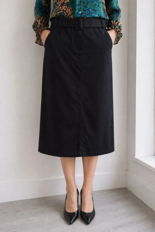 Spódnica damska czarna midi z paskiem elegancka klasyczna Italy