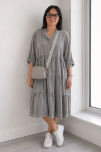 Sukienka damska szara sztruksowa bawełna oversize falbany Italy