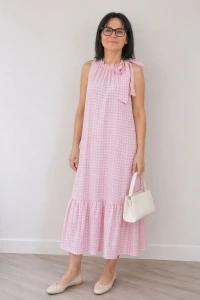 Sukienka damska różowa w kratkę Vichy długa zwiewna letnia kokarda Uni