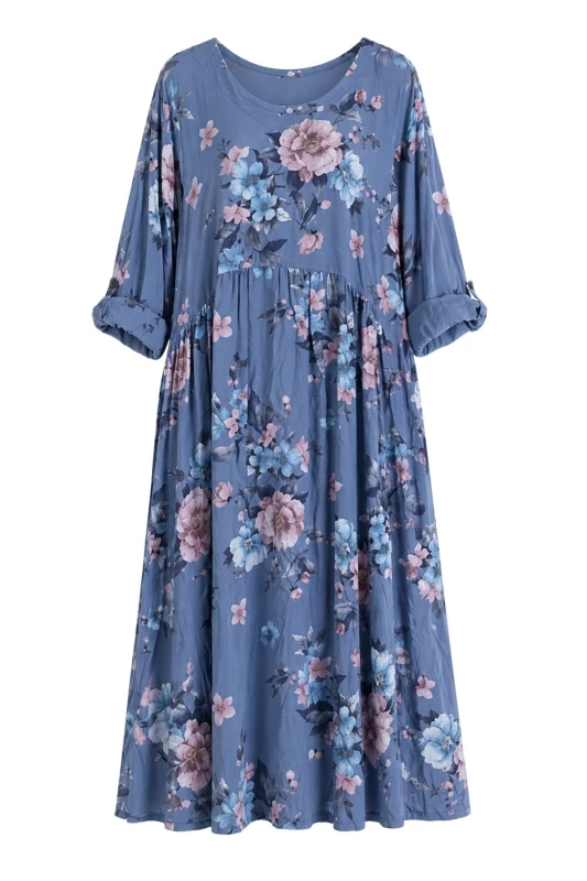 Sukienka damska niebieska w kwiaty V-neck OVERSIZE lekka wiosna lato