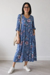Sukienka damska niebieska w kwiaty V-neck OVERSIZE lekka wiosna lato 