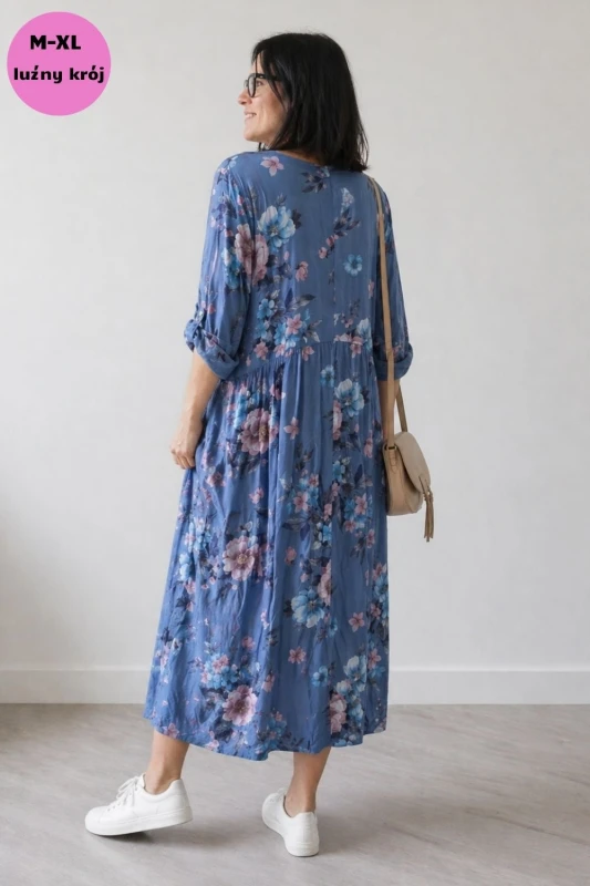 Sukienka damska niebieska w kwiaty V-neck OVERSIZE lekka wiosna lato