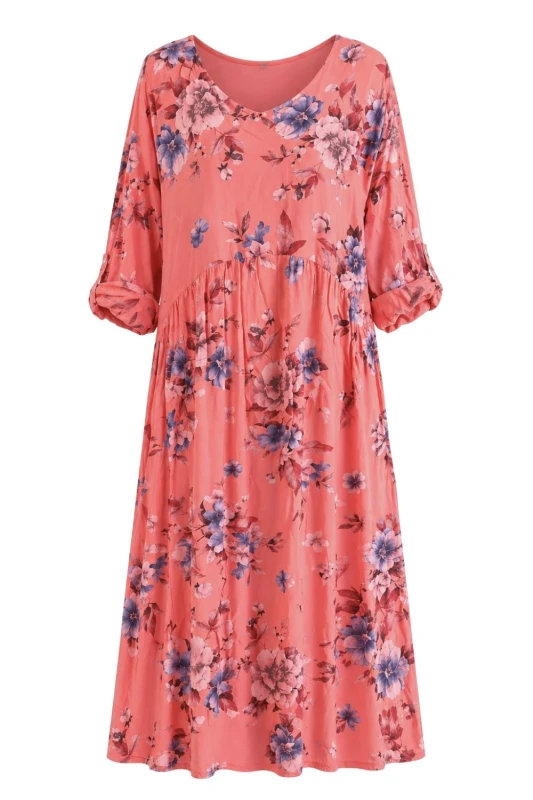 Sukienka damska koralowa w kwiaty V-neck OVERSIZE lekka wiosna lato