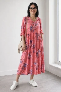 Sukienka damska koralowa w kwiaty V-neck OVERSIZE lekka wiosna lato  