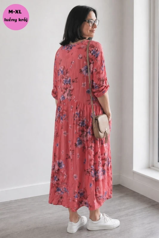 Sukienka damska koralowa w kwiaty V-neck OVERSIZE lekka wiosna lato