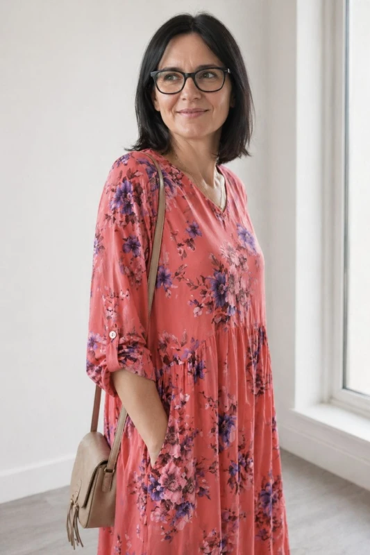 Sukienka damska koralowa w kwiaty V-neck OVERSIZE lekka wiosna lato