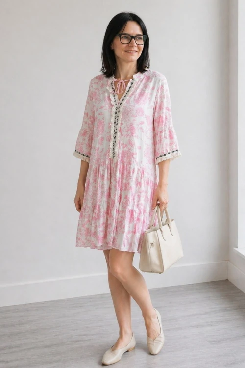 Sukienka damska różowa boho kwiaty Made in Italy 100% bawełna lekka Uni